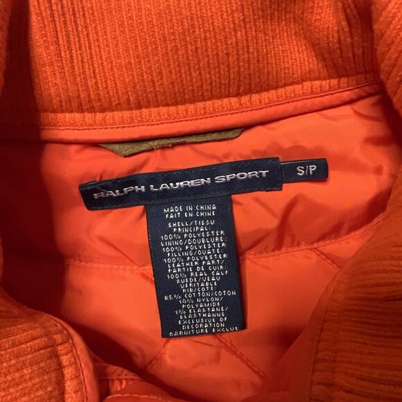 Ralph Lauren Sport Equestrian Crest Quilted Vest Orange Tan Suede Trim Womens SM - Picture 6 of 14